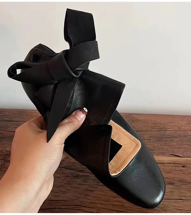 Soft Leather Lace-up Ankle Boots Comfortable Flats Short Booties Bowknot Chelsea Boots Shoes Botas